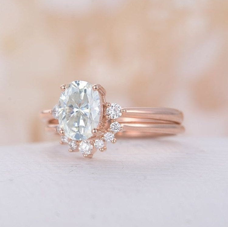 Oval Moissanite Engagement Ring set Rose gold engagement ring curved wedding band unique Bridal Promise Anniversary for