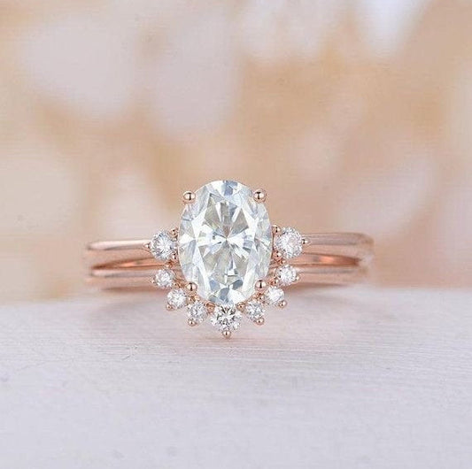 Oval Moissanite Engagement Ring set Rose gold engagement ring curved wedding band unique Bridal Promise Anniversary for