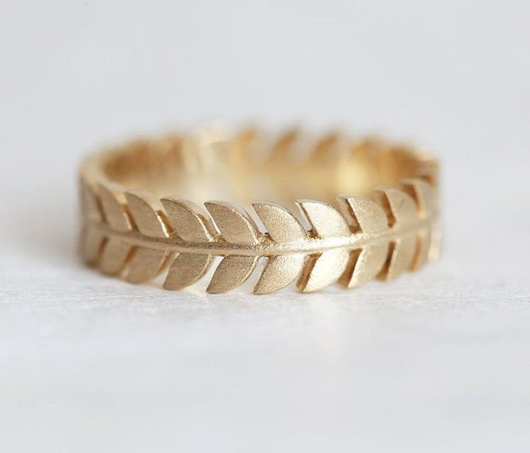 Yellow Gold Wedding Ring, Leaf Wedding Band, Wedding Ring with Leaves, Gold Leaf Ring 9k 14k 18k