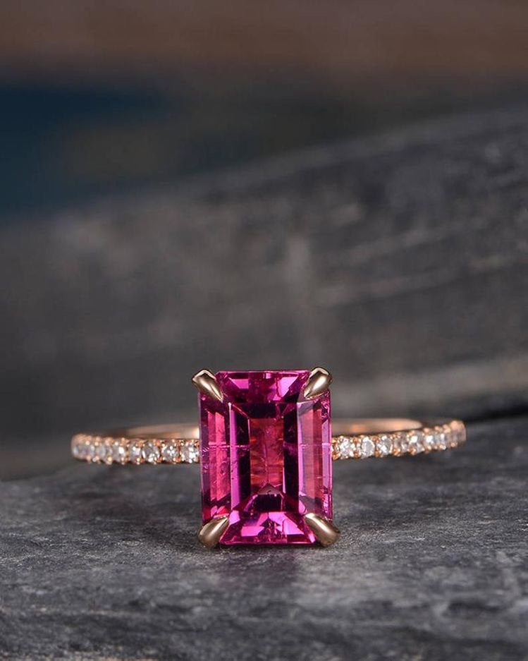 Red Tourmaline Emerald Cut Engagement Ring Rose Gold Diamond Half Eternity Ring Delicate Pave Women Bridal Set Anniversary Birthstone Gift