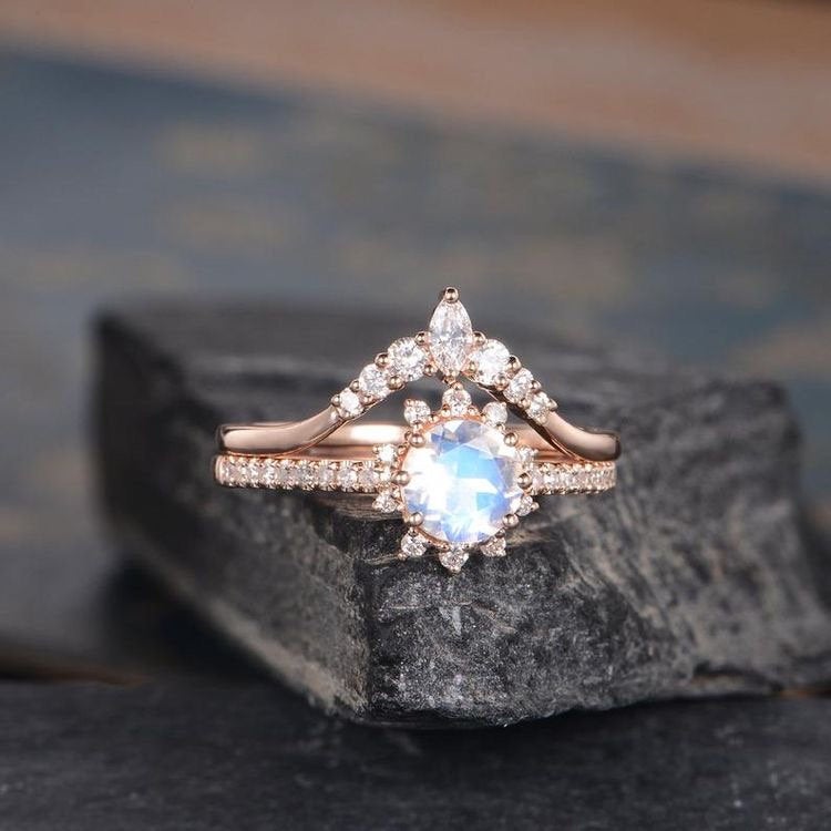 Moonstone Engagement Ring Rose Gold Bridal Sets Diamond Curved Wedding Ring Half Eternity Women Anniversary Halo Promise Chevron Marquise