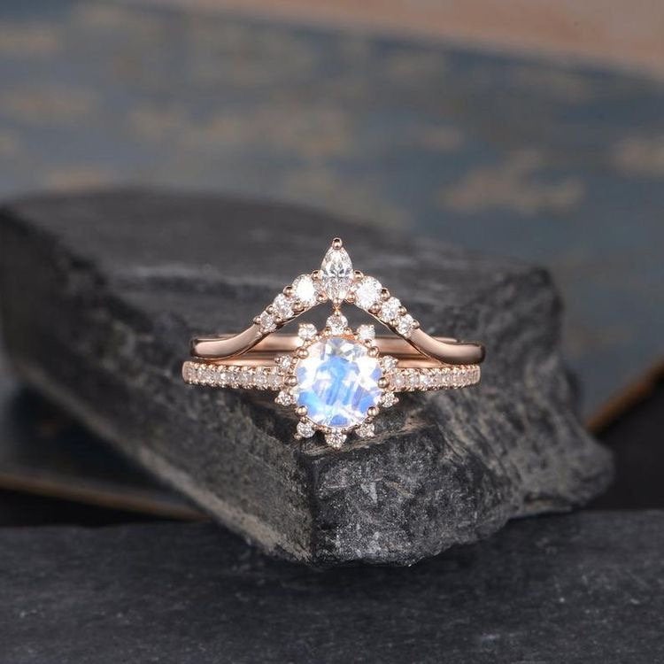 Moonstone Engagement Ring Rose Gold Bridal Sets Diamond Curved Wedding Ring Half Eternity Women Anniversary Halo Promise Chevron Marquise