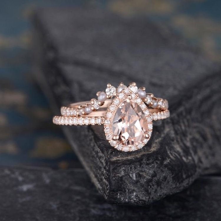 Pearl Morganite Engagement Ring,Rose Gold Bridal Set, Wedding ring,Halo Diamond Half Eternity Band ,Women Tear Drop ring, Anniversary Gift