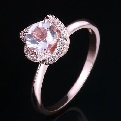 Round cut halo pink morganite engagement ring, diamond rose gold 6.5mm