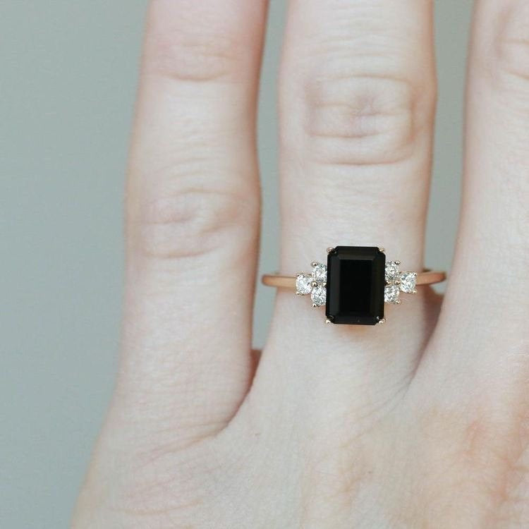 Onyx Engagement Ring/Onyx and Diamond Ring/Emerald Cut Black Onyx