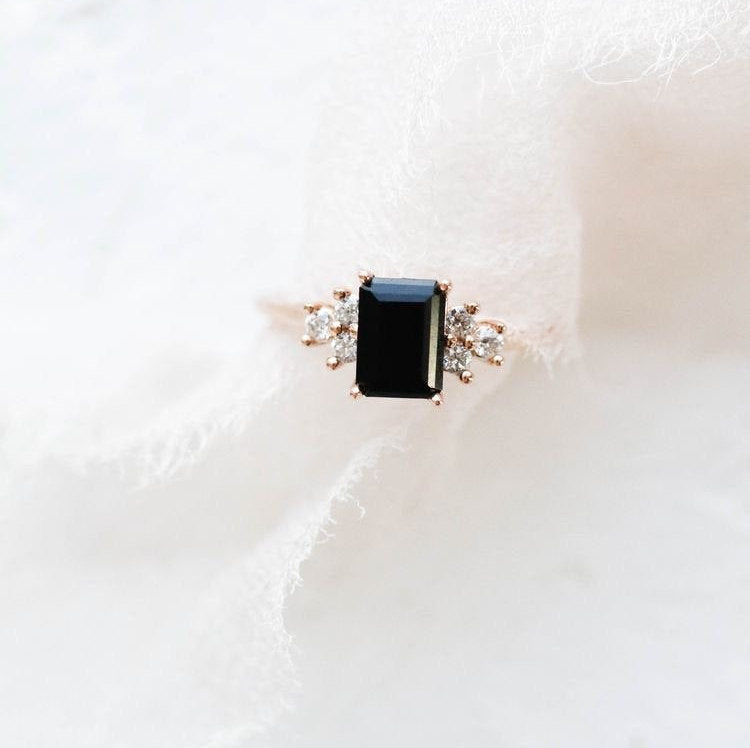 Onyx Engagement Ring/Onyx and Diamond Ring/Emerald Cut Black Onyx