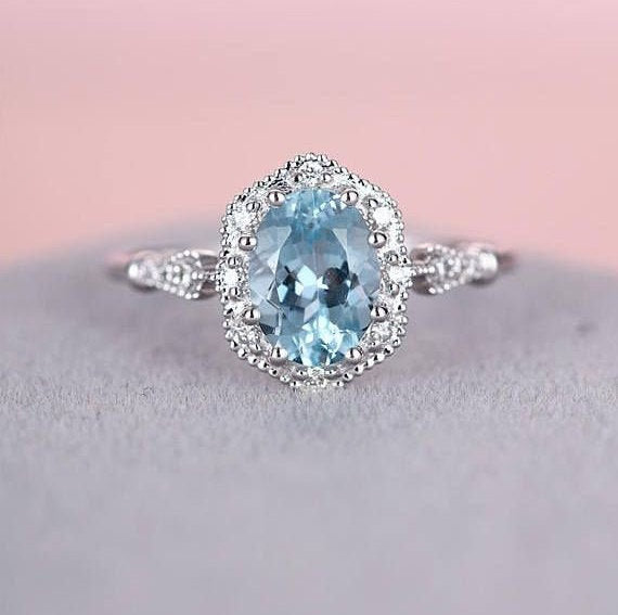 Aquamarine engagement ring,Art Deco vintage engagement ring