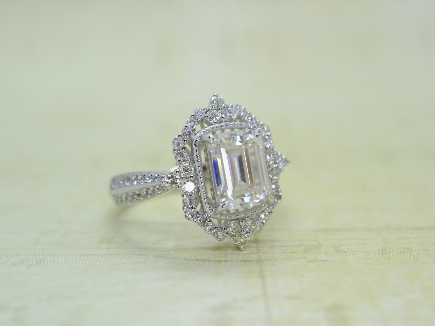 Emerald cut Moissanite ring ,white gold vintage Cocktail ring ,Art deco Bridal wedding, women anniversary gift for her