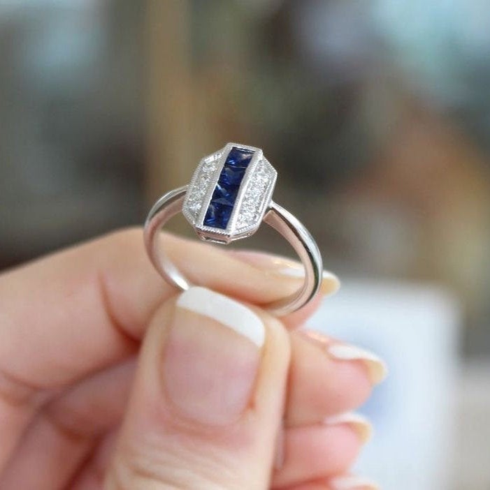 art deco ring,White gold sapphire ring for gift,art deco sapphire ring,art deco enagement ring,sapphire irng,sapphire stacking ring,sapphire