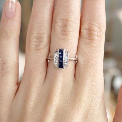 art deco ring,White gold sapphire ring for gift,art deco sapphire ring,art deco enagement ring,sapphire irng,sapphire stacking ring,sapphire