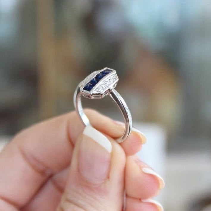 art deco ring,White gold sapphire ring for gift,art deco sapphire ring,art deco enagement ring,sapphire irng,sapphire stacking ring,sapphire