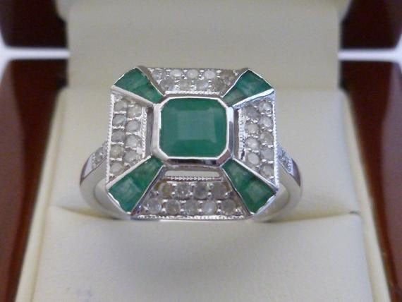 Vintage Emerald Ring Art Deco 9ct 9K  Diamond Antique Women Ring Ladies Victorian Custom Handmade