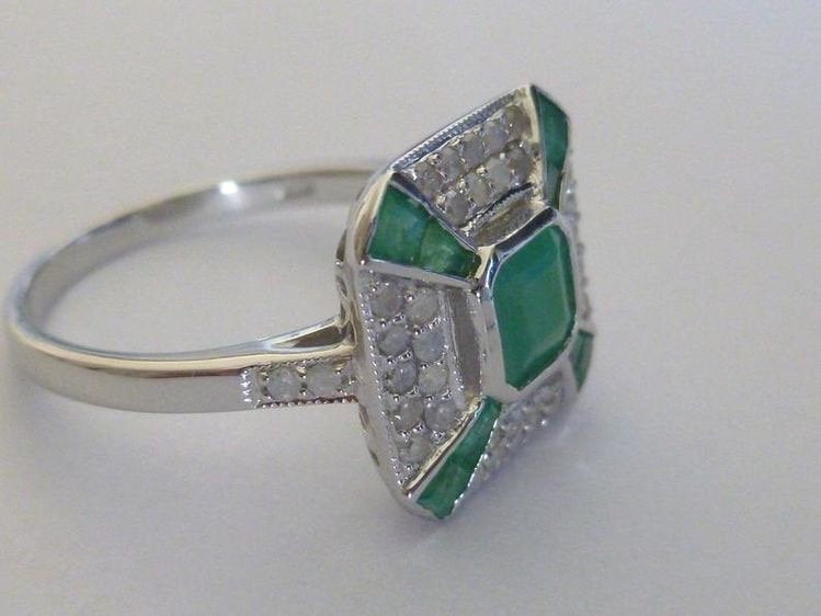 Vintage Emerald Ring Art Deco 9ct 9K  Diamond Antique Women Ring Ladies Victorian Custom Handmade