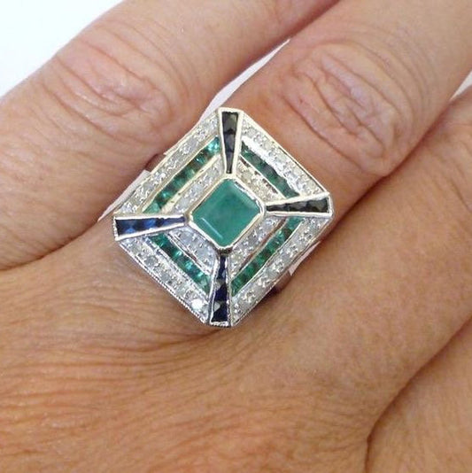 Art deco Emerald sapphires diamond ring