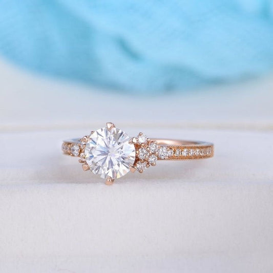 Round  Moissanite Engagement Ring ,Rose Gold Cluster Diamond Ring Bridal Anniversary Gift Wedding Moissanite Ring