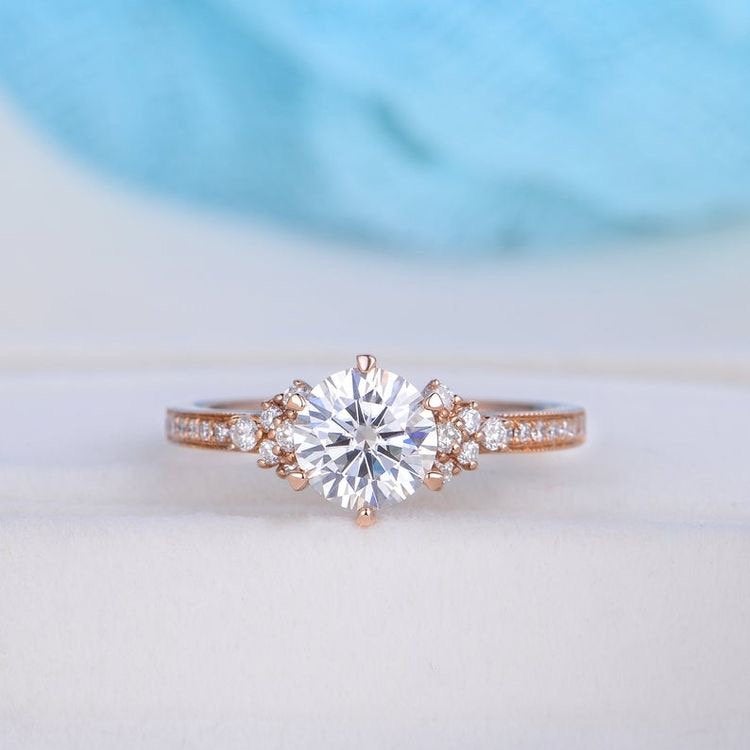 Round  Moissanite Engagement Ring ,Rose Gold Cluster Diamond Ring Bridal Anniversary Gift Wedding Moissanite Ring