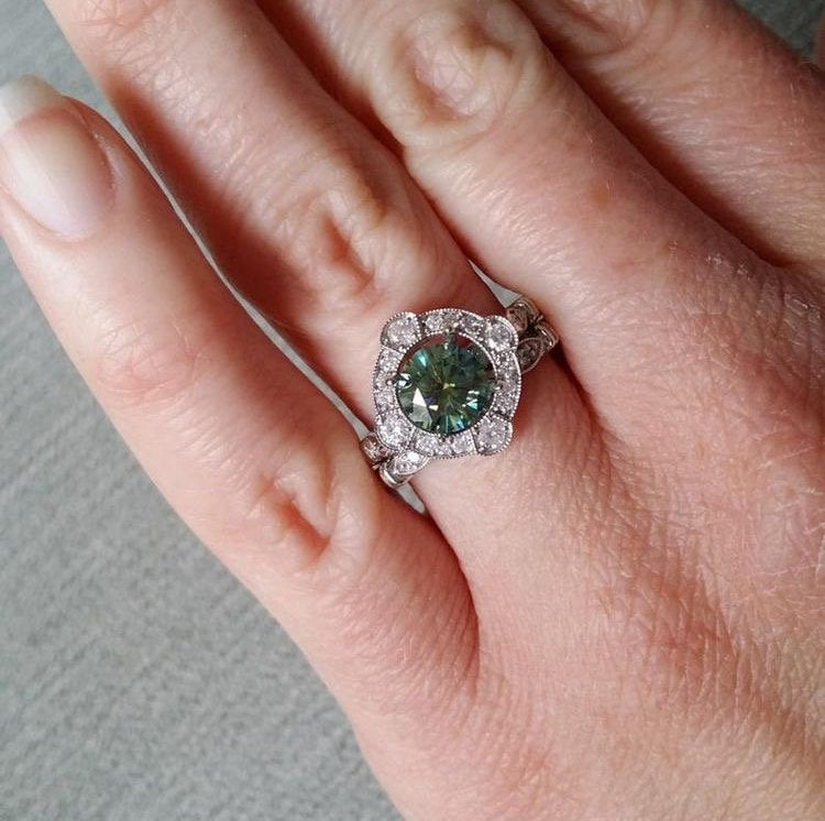 Estate Halo ring, Blue Green Moissanite ring Antique Engagement Ring, Victorian Art Deco diamond,Mint Edwardian ,14K White Gold