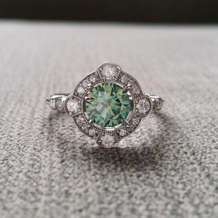 Estate Halo ring, Blue Green Moissanite ring Antique Engagement Ring, Victorian Art Deco diamond,Mint Edwardian ,14K White Gold