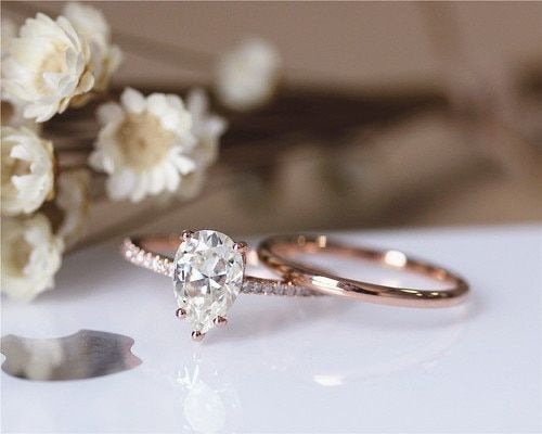 Pear Shape Moissanite Engagement Ring set, Set Solid 14K Rose Gold Ring Set