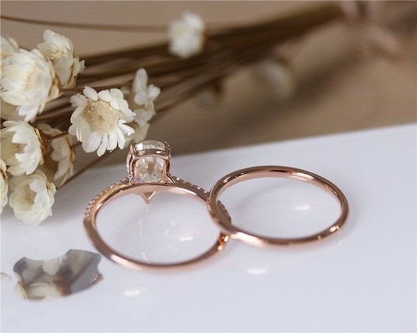 Pear Shape Moissanite Engagement Ring set, Set Solid 14K Rose Gold Ring Set