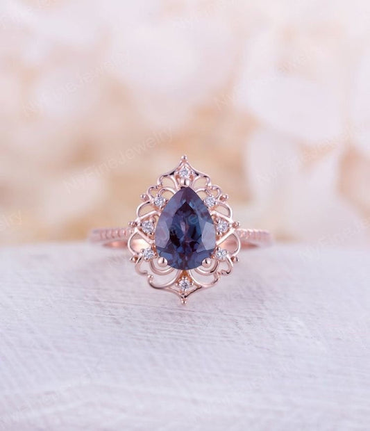 Pear shaped ring ,Alexandrite engagement ring ,Vintage rings ,rose gold ring,Floral Unique ring,art deco ring Anniversary ring