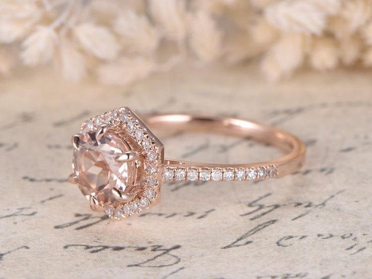 Morganite Ring Rose Gold,Vintage Engagement Ring, Morganite Engagement Ring Women, Half Eternity Wedding Band, 14K Solid Gold,7mm Round Cut