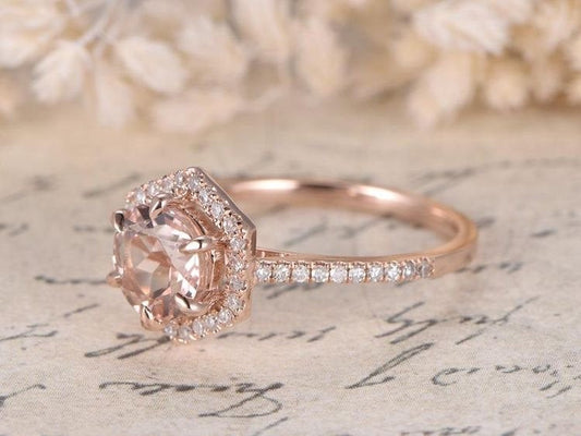 Morganite Ring Rose Gold,Vintage Engagement Ring, Morganite Engagement Ring Women, Half Eternity Wedding Band, 14K Solid Gold,7mm Round Cut