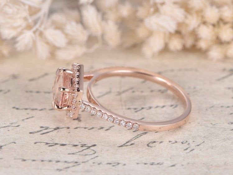 Morganite Ring Rose Gold,Vintage Engagement Ring, Morganite Engagement Ring Women, Half Eternity Wedding Band, 14K Solid Gold,7mm Round Cut