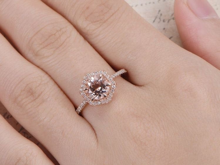 Morganite Ring Rose Gold,Vintage Engagement Ring, Morganite Engagement Ring Women, Half Eternity Wedding Band, 14K Solid Gold,7mm Round Cut