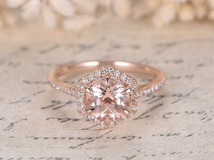 Morganite Ring Rose Gold,Vintage Engagement Ring, Morganite Engagement Ring Women, Half Eternity Wedding Band, 14K Solid Gold,7mm Round Cut