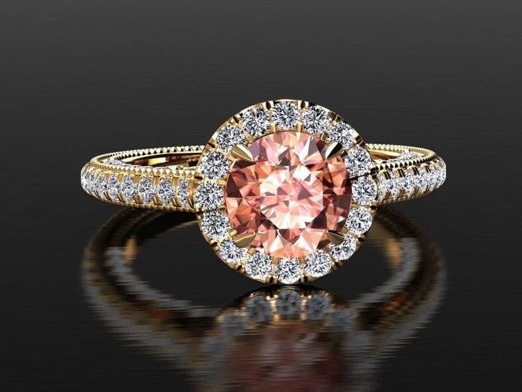 Natural Peach Sapphire Ring 1.70 Carat Champagne Sapphire And Diamond Halo Engagement Ring 14k Yellow Gold Unique Sapphire Anniversary Ring