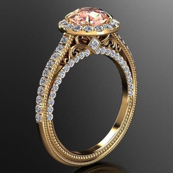 Natural Peach Sapphire Ring 1.70 Carat Champagne Sapphire And Diamond Halo Engagement Ring 14k Yellow Gold Unique Sapphire Anniversary Ring