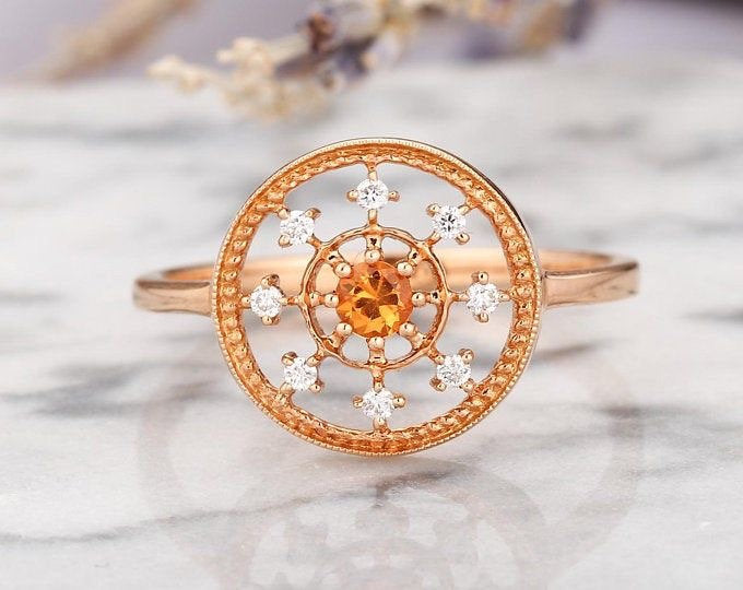 Round orange sapphire engagement ring women white gold vintage wedding ring art deco Jewelry Promise Anniversary antique gift for her