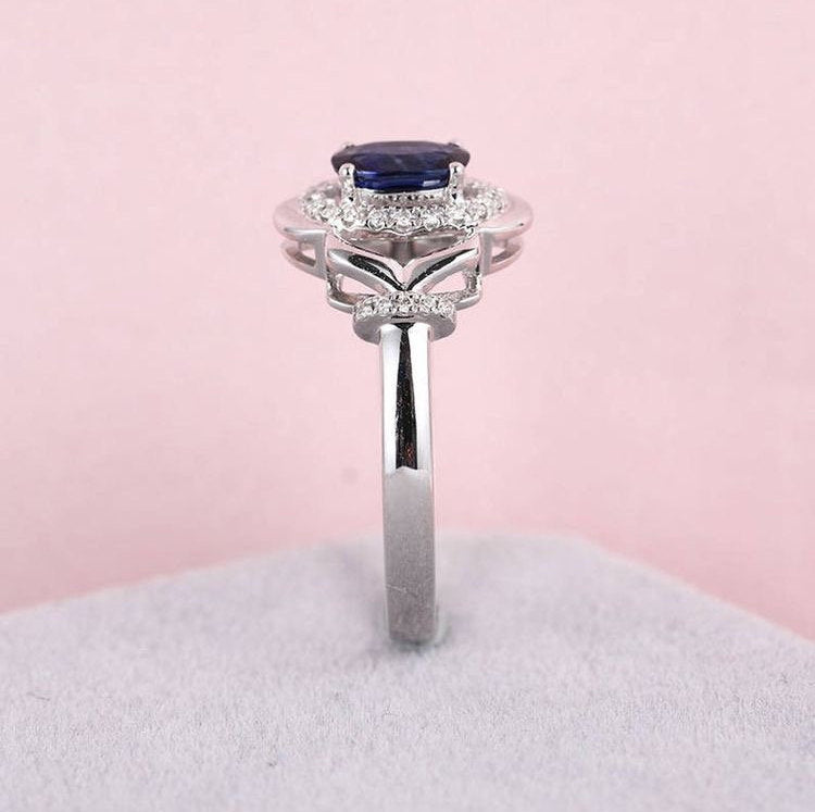 Art deco sapphire engagement ring oval unique vintage ring for wedding Diamond Unique Bridal Floral Anniversary Christmas