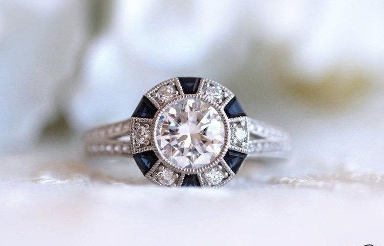 Sapphire halo engagement ring,White gold diamond ring,sapphire moissanite diamond ring,Art Deco diamond ring,vintage moissanite ring