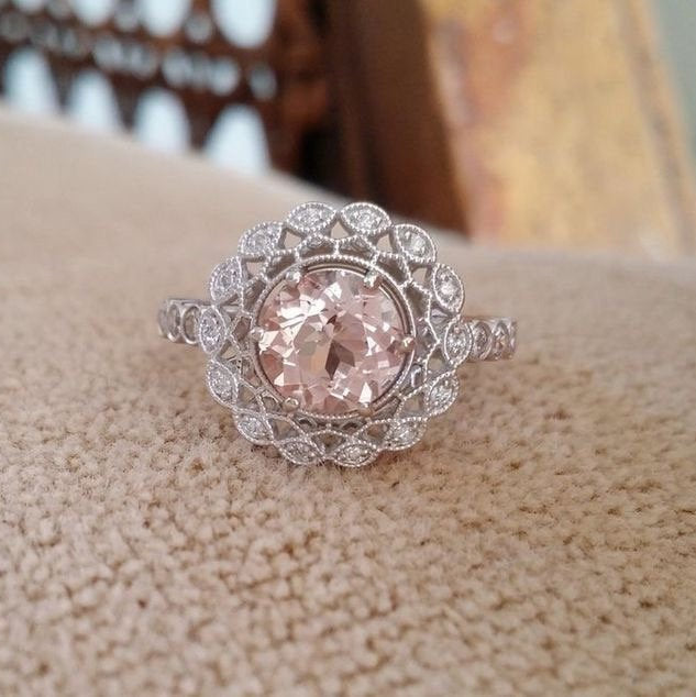 Halo Morganite Diamond Ballerina Antique Engagement Ring Gemstone Flower Filigree Pink Peach Blush Round 14K White Gold Vintage "The Mae"