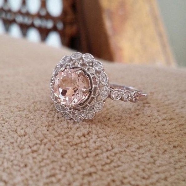 Halo Morganite Diamond Ballerina Antique Engagement Ring Gemstone Flower Filigree Pink Peach Blush Round 14K White Gold Vintage "The Mae"