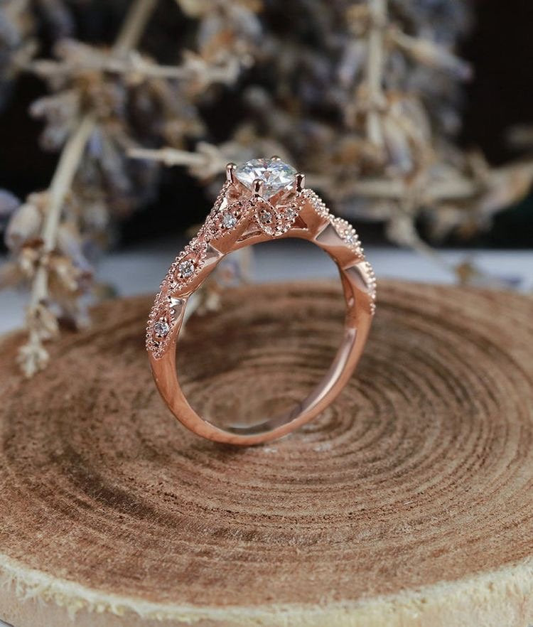 Moissanite engagement ring Vintage women Milgrain rose gold round cut diamond Art deco Unique wedding Jewelry promise Anniversary gift