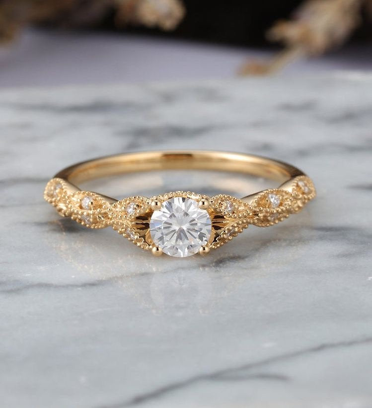 Moissanite engagement ring Vintage women Milgrain rose gold round cut diamond Art deco Unique wedding Jewelry promise Anniversary gift