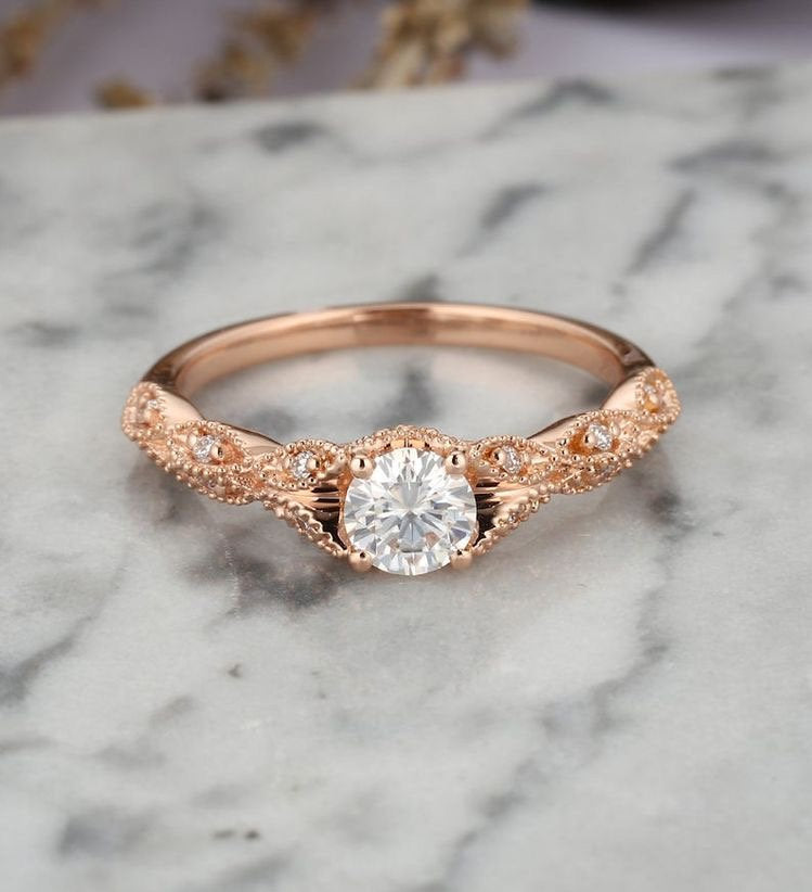 Moissanite engagement ring Vintage women Milgrain rose gold round cut diamond Art deco Unique wedding Jewelry promise Anniversary gift