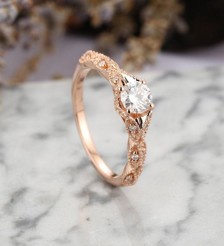 Moissanite engagement ring Vintage women Milgrain rose gold round cut diamond Art deco Unique wedding Jewelry promise Anniversary gift