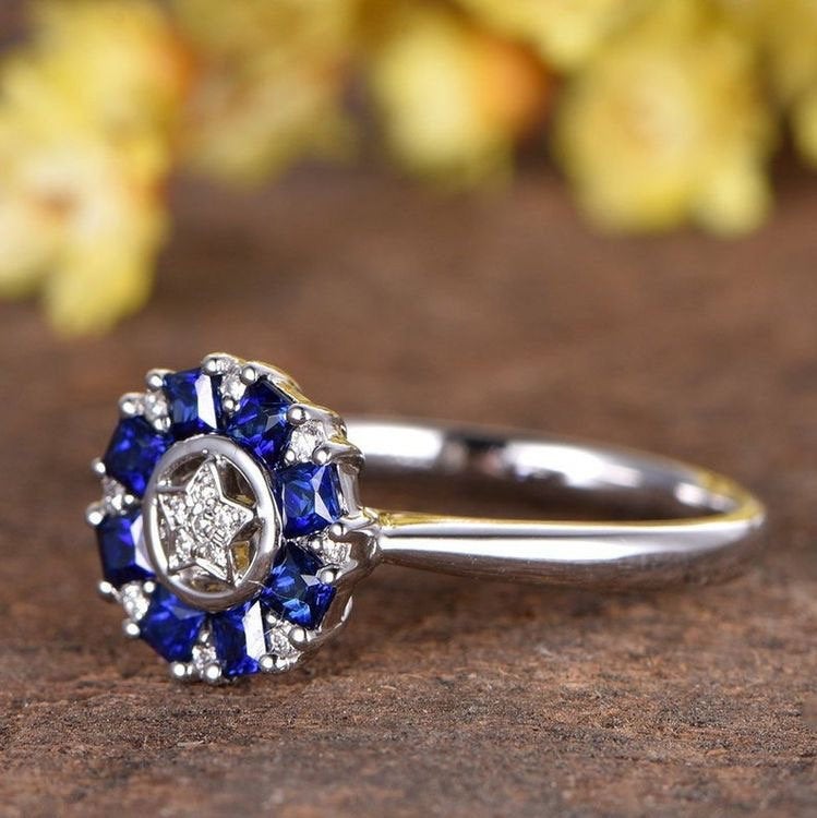 Natural Sapphire Engagement Ring 14K White Gold Floral Flower Wedding Ring Blue Sapphire Ring Diamond Wedding Band Promise Ring Women Ring