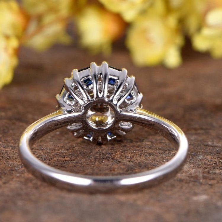 Natural Sapphire Engagement Ring 14K White Gold Floral Flower Wedding Ring Blue Sapphire Ring Diamond Wedding Band Promise Ring Women Ring