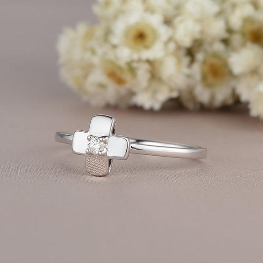 White Gold Diamond Engagement Ring Cross Shape Promise Unique Solitaire Simple Minimalist Thin Anniversary Gift For Her Women