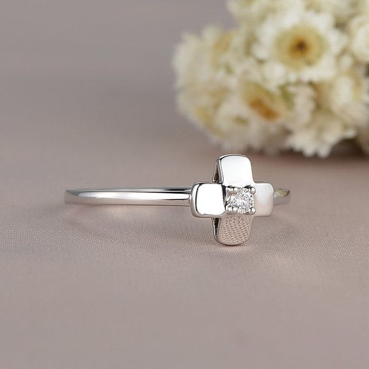 White Gold Diamond Engagement Ring Cross Shape Promise Unique Solitaire Simple Minimalist Thin Anniversary Gift For Her Women