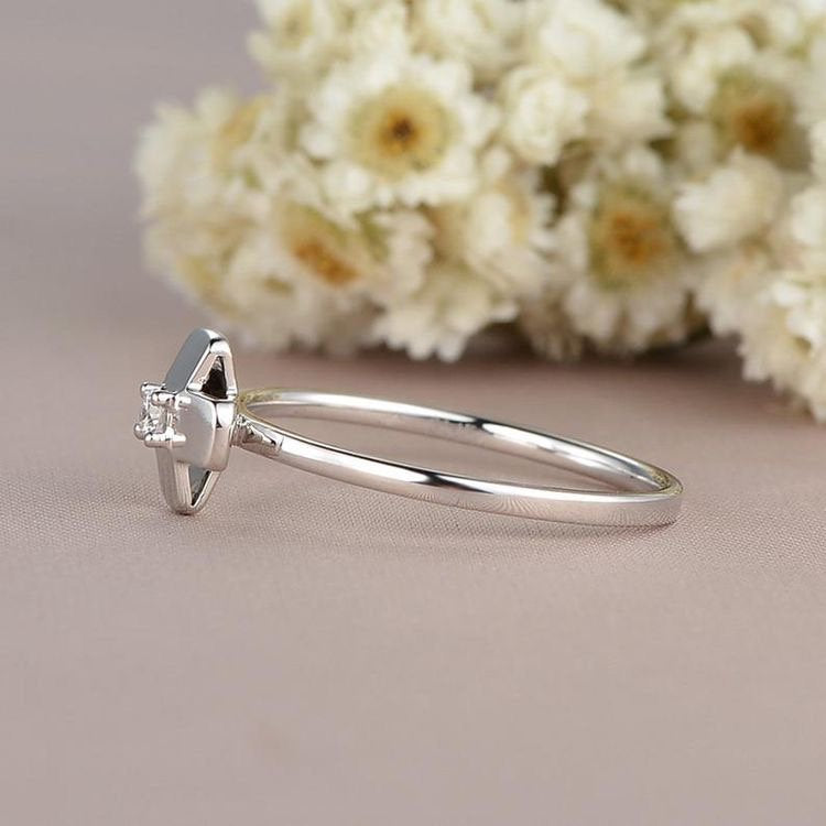 White Gold Diamond Engagement Ring Cross Shape Promise Unique Solitaire Simple Minimalist Thin Anniversary Gift For Her Women