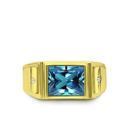 Mens Solid 18K Gold Blue Topaz Gemstone Ring Natural Diamond Accents A