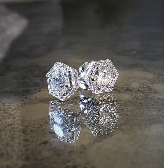 Antique Old European Cut Moissanite Art Deco Earrings Anniversary Birthday Diamond Studs 14K White Gold "The Gatsby"