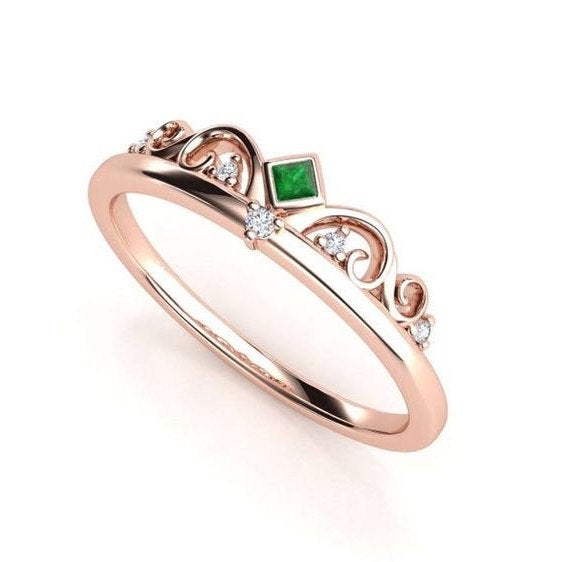 Emerald ring. Diamond engagement ring. Rose gold tiara crown ring. Rose gold ring.