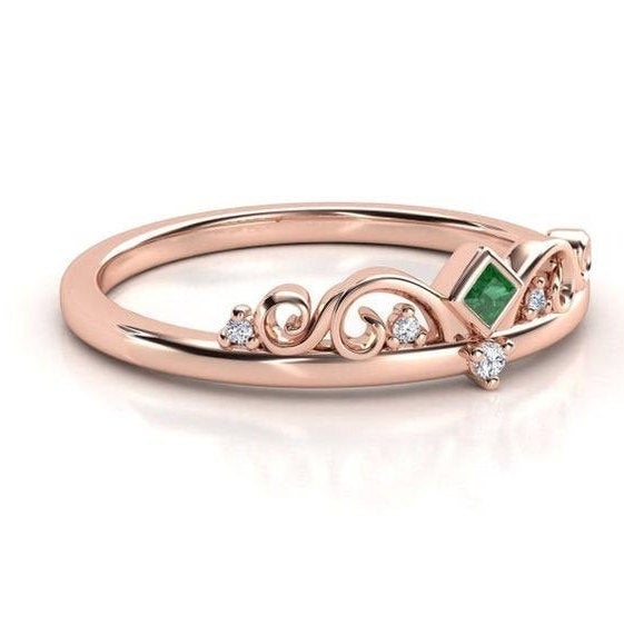 Emerald ring. Diamond engagement ring. Rose gold tiara crown ring. Rose gold ring.